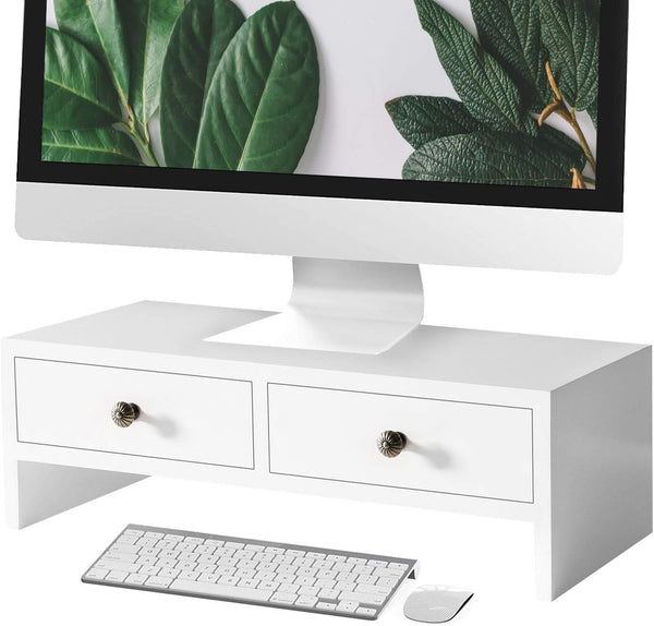 WELLAND Monitor Stand Riser with Drawers, Desktop Organizer for Laptop, PC, Office Supplies, White