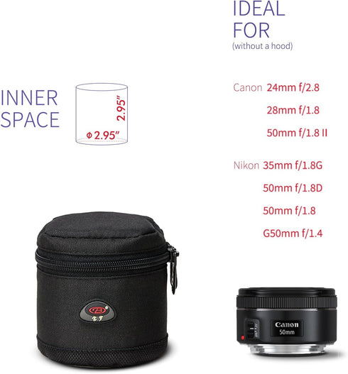 Camera Lens Case DSLR Camera Lens Bag Fits for Canon EF 28mm f1.8 EF 24mm f 2.8EF 50mm F 1.8 Nikon 35mm f1.8G 50mm f 1.8D 50mm f1.8 G50mm f 1.4 and other Camera Lens