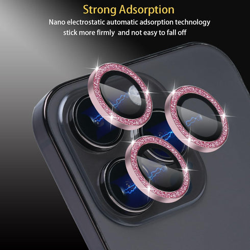 Camera Lens Protector for iPhone 14 Pro & Pro Max, Tempered Glass with Aluminum Alloy Ring Cover (Glitter Pink)
