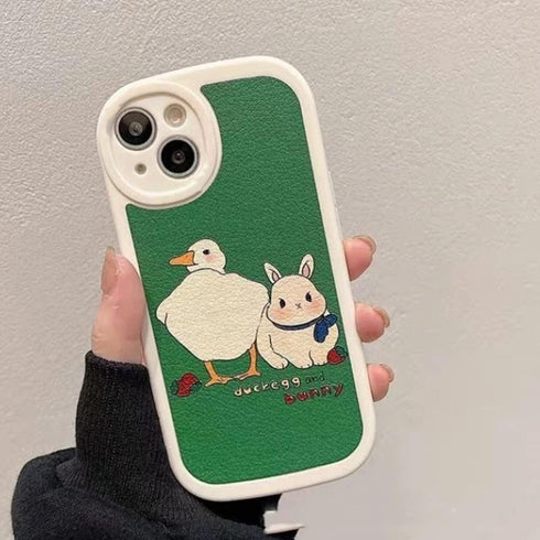 Casechics Compatible with iPhone Case,Cute Kawaii Bunny Duck PU Leather Bumper Camera Lens Protection Soft Shockproof Cover Phone Case (Green,iPhone 14 Pro)