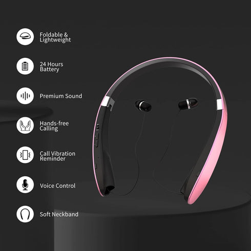 Foldable Bluetooth Headphones, Wireless Neckband Headset with Retractable Earbuds, Noise Cancelling