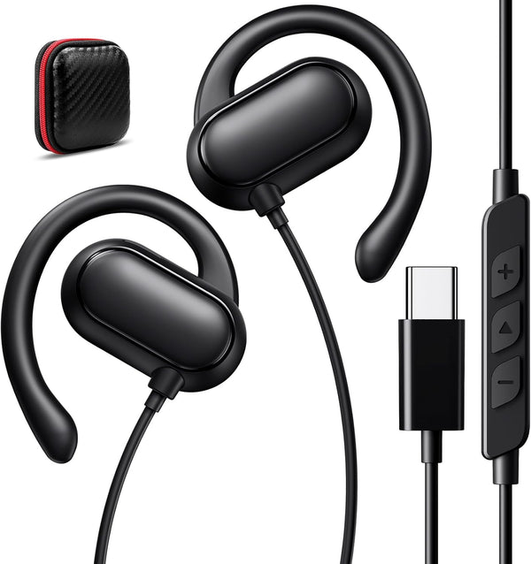 USB C Headphones Over Ear Bud Hooks for iPhone 15 Pro Max, Samsung S24, Type C Earphone Wired Earbud Microphone