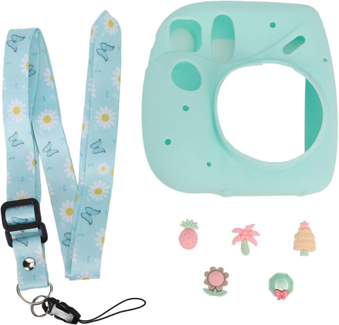 Silicone Case for Instax Mini 7 Plus Camera, Soft Protective Cover with Adjustable Shoulder Strap (Blue Plant)