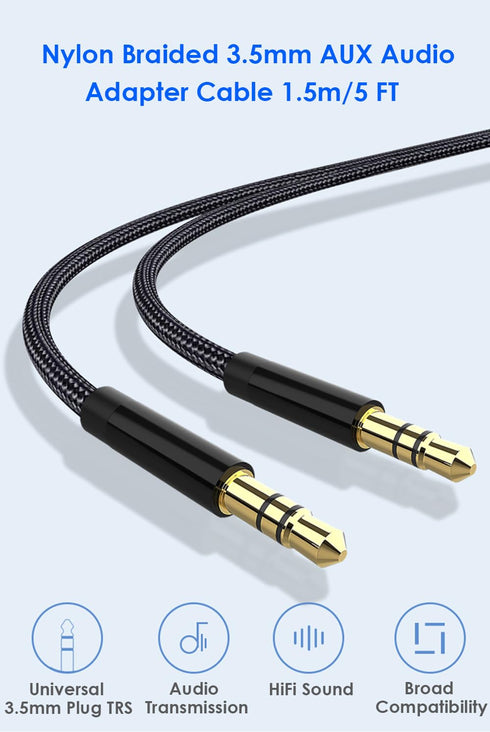 3.5mm Aux Audio Cable 5ft, Nylon Braided Auxiliary Cord for Headphone, Car Audio, Laptop, Smartphone, Home Stereos