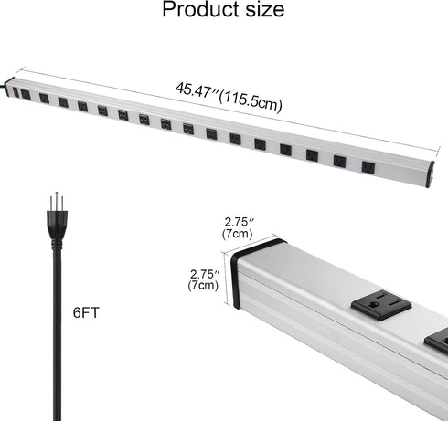 Long Heavy Duty Power Strip, 16 Outlet Metal Power Strip with 6FT Cord, 15A, 125V
