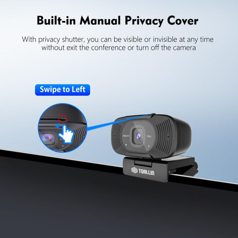 TOALLIN 1080P 90 Full HD Webcam with Dual Microphones, Computer Web Camera, Wide Angle View Without Distortion, USB