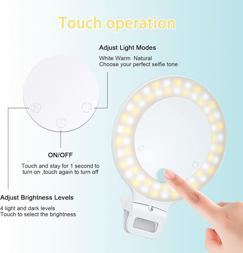 Selfie Ring Light - Clip on Touch Control Rechargeable 800mAh 60 LED Circle Light for Photography, Vlog, TikTok