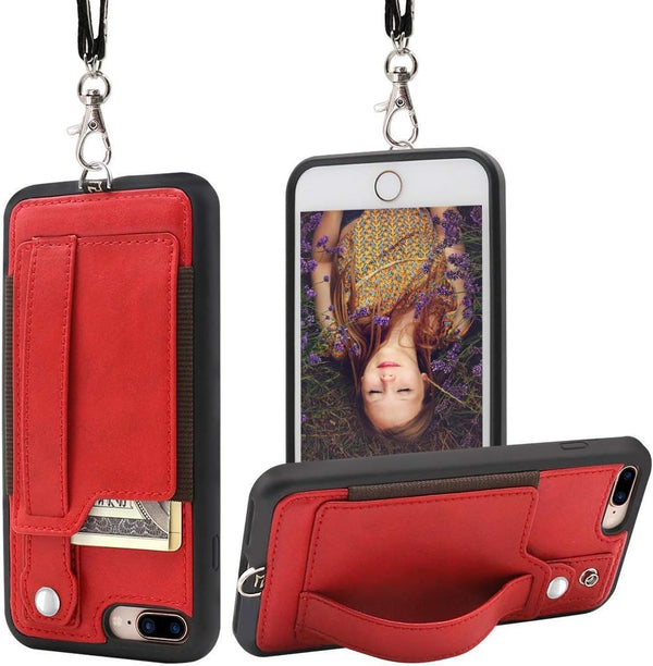 TOOVREN Phone Case for iPhone 7 Plus, 8 Plus Wallet Case, Necklace Lanyard Case with Kickstand Card Holder, Detachable
