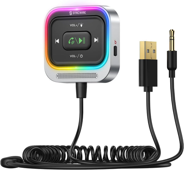 Syncwire Bluetooth 5.4 Receiver for Car, 3.5mm Aux Adapter with Coiled Cable, Hands-Free Calling, HiFi Sound