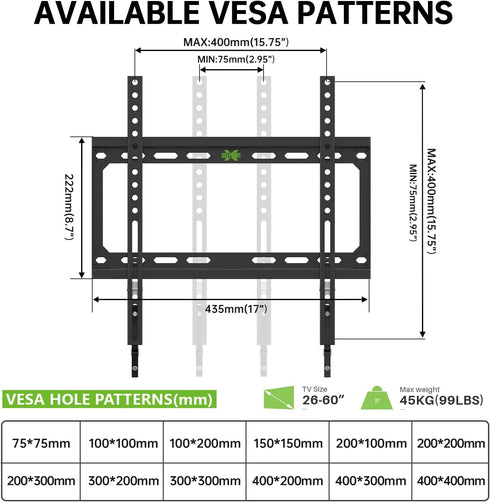 USX MOUNT 26-55 Inch 400x400mm 99lbs,and Fixed TV Wall Mount with Low Profile for Most LED, LCD and Flat Screen TVs, TV