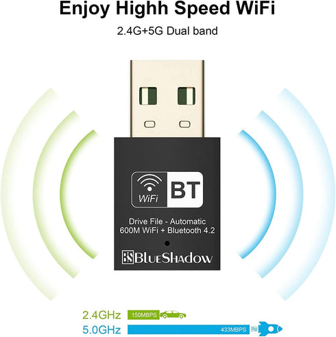 Blueshadow Mini 2-in-1 USB WiFi Bluetooth Adapter AC600-2.4G/5G Dual Band Wireless Network Adapter for Desktop PC, Bluetooth 4.2, WPA3 Network Security, Supports Windows 11,10, 8.1,8, 7