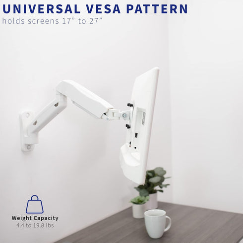 VIVO Height Adjustable Pneumatic Single Monitor Wall Mount, Full Motion Articulating for 17 to 27 inch Screen, White