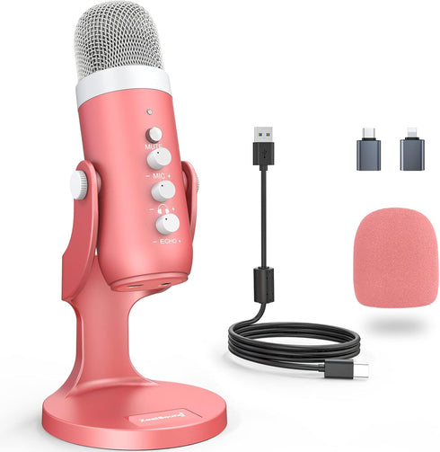 ZealSound Gaming USB Pink Microphone with Quick Mute for Phone, Computer, PC, PS5, Studio Mic with Gain Control, Echo &