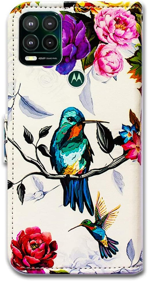 Case for Moto G Stylus 5G - Hummingbird in Flowers Leather Flip Phone Case Wallet Cover with Card Slot Holder Kickstand
