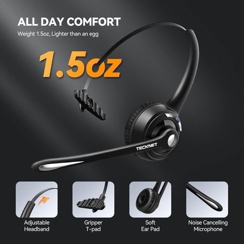 TECKNET Bluetooth Headset, Wireless On-Ear Headphones with Noise Cancelling Mic for Work, Trucker, PC, Office, Call