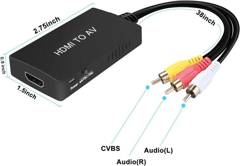 HDMI to RCA Converter, HDMI to AV 3RCA CVBs Composite Video Audio Adapter for TV Stick, Roku, DVD