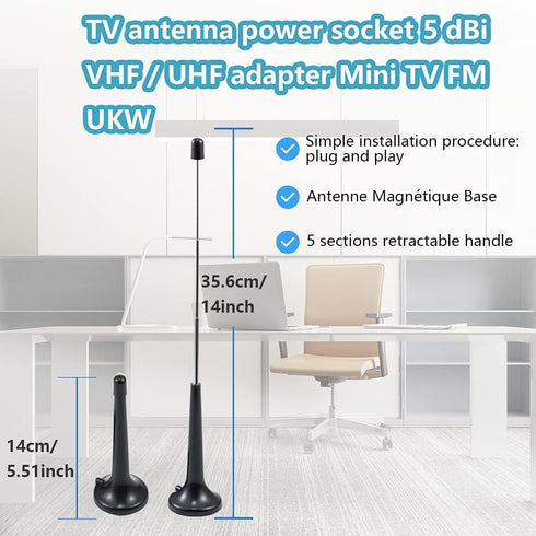 DVB-T Digital HDTV Antenna with Magnetic Base, 5 Sections Telescopic Pole, 5dBi Mini TV Antenna with 1.5m Coax Cable
