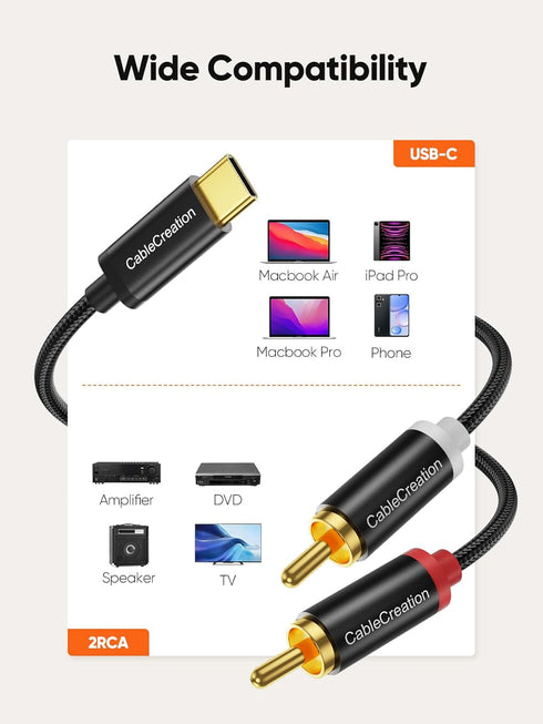 CableCreation USB C to RCA Audio Cable 3.3FT, Type-C to 2 Male Y RCA Splitter for iPhone 15 Series, Home Theater,