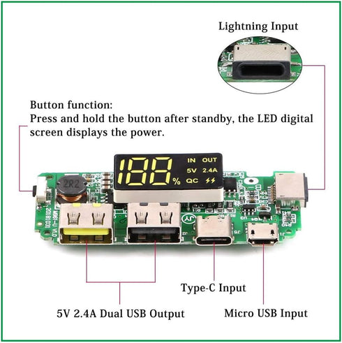 1Pcs 18650 Charger Board, Lithium Battery Charging Module, Dual USB 5V 2.4A Mini Type-C Power Bank Module DIY with