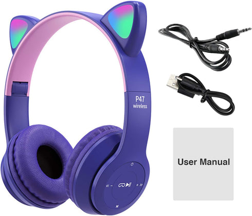 Kids Headphones, Cat Ear LED Light Up Bluetooth 5.0 Foldable Wireless Gaming Headset for Kids Adult, Built-in Mic Noise Cancelling Over Ear Headphones for Study/Travel(Purple)