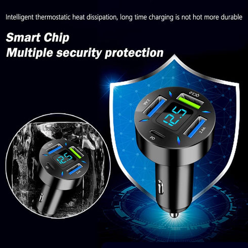 4 Ports USB Car Charger with Voltmeter, Type C PD 3.1/QC 3.0 Fast Charging Cigarette Lighter Plug for iPhone 14 13 12