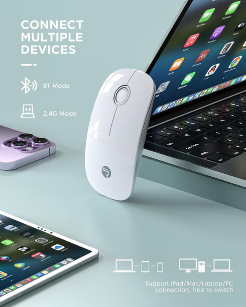 Bluetooth Wireless Mouse - (BT5.1+USB) Slim Dual Mode Computer Mice with Quiet Click, Low Power, and 1600 DPI, Portable Cordless for MacBook, Laptop, iPad Pro/Air, Chromebook (White)