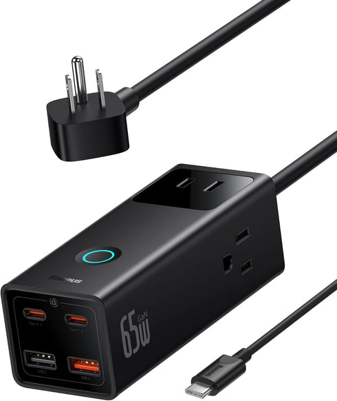 Baseus 65W Charging Station, 7 in 1 Power Strip USB C GaN Charger with 5ft Extension Cord, Fast Charging for Laptops