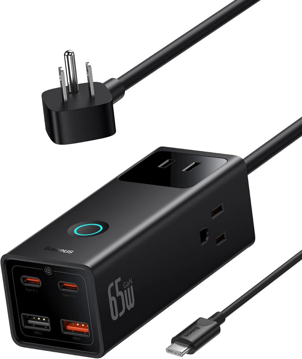Baseus 65W Charging Station, 7 in 1 Power Strip USB C GaN Charger with 5ft Extension Cord, Fast Charging for Laptops