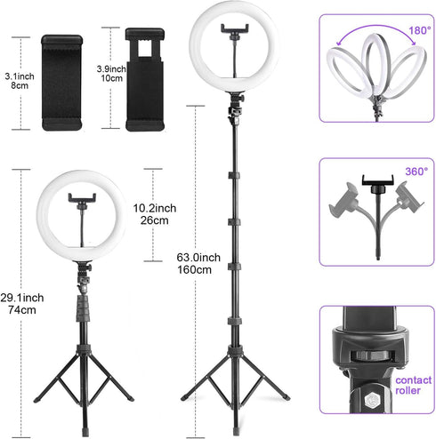 UEGOGO 10'' 72'' Holder38 Dimmable Ring Light with Tripod Stand & Phone Color Modes LED Ringlight for Live Stream