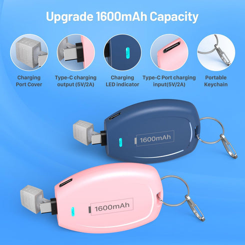 (2-Pack) USB C Keychain Portable Charger, 1600mAh Mini Power Bank, Ultra-Compact Battery Pack for Android Type-C