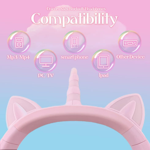 Unicorn Kids Headphones, Foldable Bluetooth Headphones for Girls Boys Toddlers, Light Up Wireless Headphone Birthday