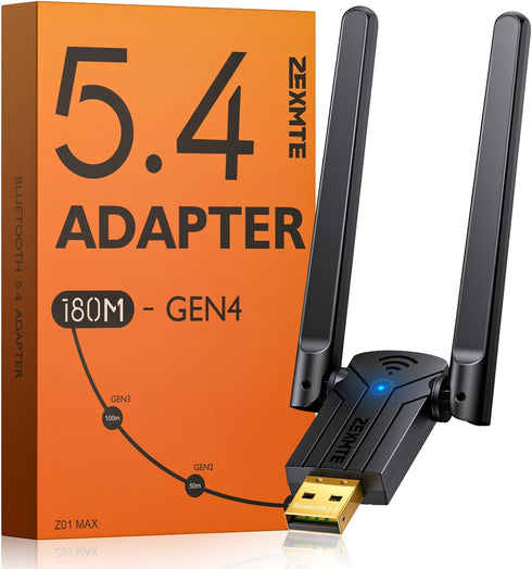 Long Range USB Bluetooth Adapter ZEXMTE for PC, 5.4 USB Dongle with High Gain Antenna, 590FT Wireless Receiver