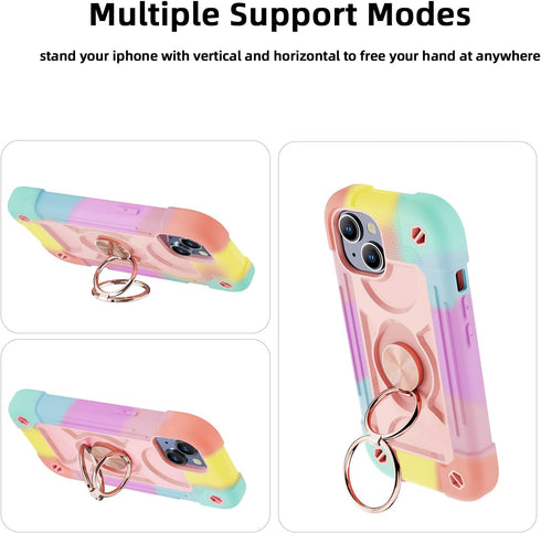 MARKILL iPhone 15 Plus Case (6.7") - Rugged Heavy Duty, Military Grade Drop Protection, Rotate Ring Stand, Rainbow Pink.