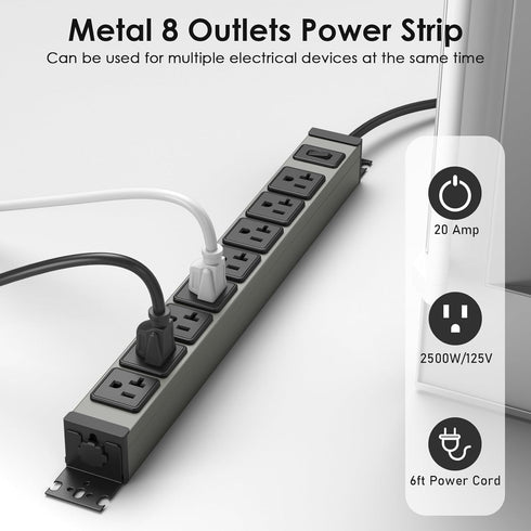 JUNNUJ Heavy Duty Power Strip Wall Mount, 20 Amp Surge Protector with 8 Outlets and 6FT Extension Cord