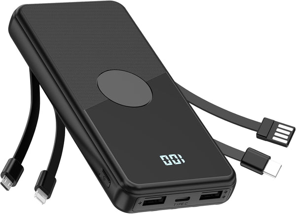 Portable Charger with Built-in Cables, High Speed Power Bank 10000mAh, 5 Outputs 3 Inputs for iPhone, Samsung, Tablets