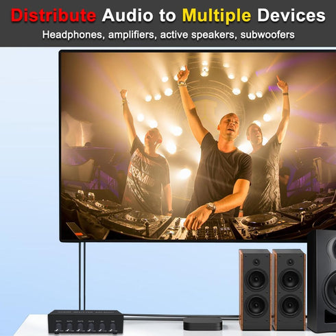 2 4 in Out RCA L/R Audio Splitter Stereo Line Level Distributor Mixer with Independent Volume Control for Home Theater