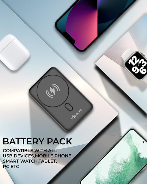 Vida IT 10000mAh Fast Wireless Portable Charger, Magnetic Power Bank for iPhone 15/14/13 Pro Max, Samsung Cell Phone,