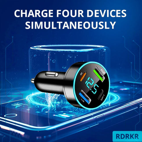 66W Car Charger, 4-Port Cigarette Lighter USB Charger, 2 * USB 2.4 + PD + Type C Adapter with Voltmeter, Compatible