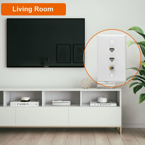Ethernet Coax Wall Plate, 2 Port Cat 6 RJ45 Keystone and 1 Port TV Coax F Type Keystone Wall Plate