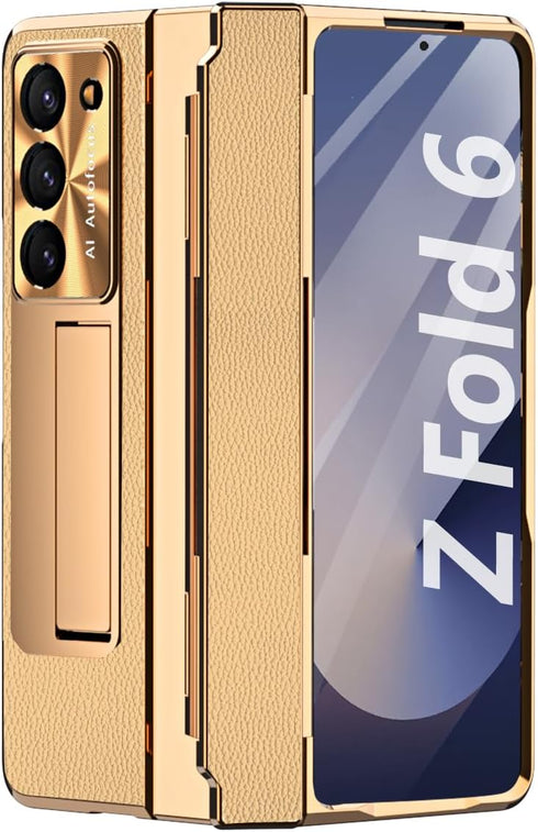 Galaxy Z Fold 6 Case with Screen Protector, Rugged Hinge Protection, Camera Lens Cover - PU Leather Protective Phone