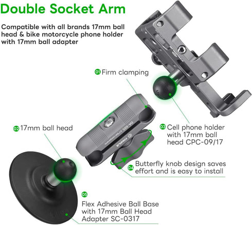 FANAUE Double Socket Arm for 17mm Ball Head Adapter, Aluminum Alloy, Compatible with Garmin GPS Mount