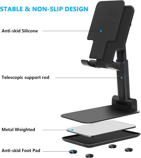 Folding Desktop Phone Stand, Adjustable Height Mobile Phone Holder for Desk, Office, Compatible with All Phones 4-10’’
