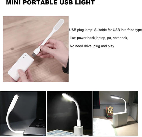 Mini USB Light, Portable Book Reading Lamp with 6 LEDs, USB Powered Flexible Night Light - 2 Pack (White)