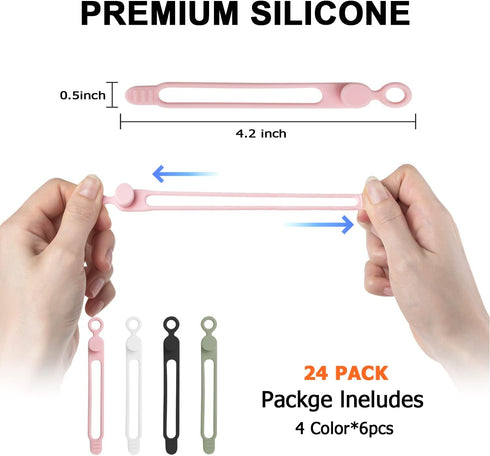 Nearockle 24Pcs Silicone Cable Straps Cord Organizer for Bundling Earphone, Phone Charger, Computer Cords, Reusable Cable Ties Wire Organizer in Home,Office,Kitchen,School (4 Colors) by Nearockle