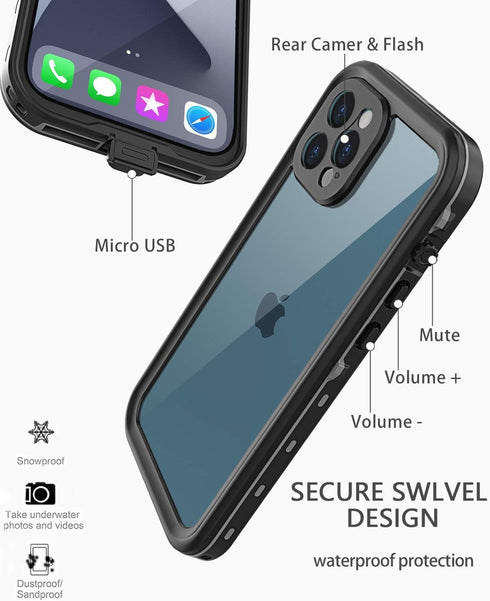 Waterproof Case for iPhone 12 Pro Max 6.7'' - Shockproof, Dustproof, with Screen Protector - Black