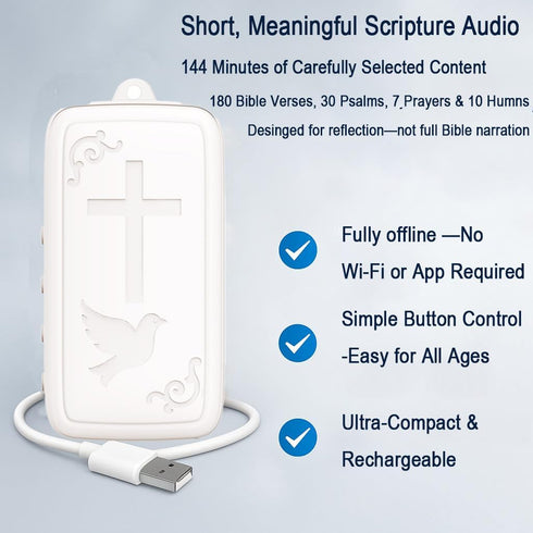 AHEHOLY Mini Bible Player with Selected KJV Scriptures, Psalms, Prayers & Hymns, Key-Sized Rechargeable Christian Gift