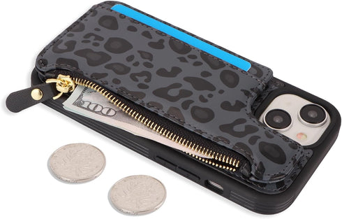 Cavor for iPhone 14 Plus Case with Card Holder - Wallet Case for Women Men, Leather Magnetic Clasp Zipper Pocket Card