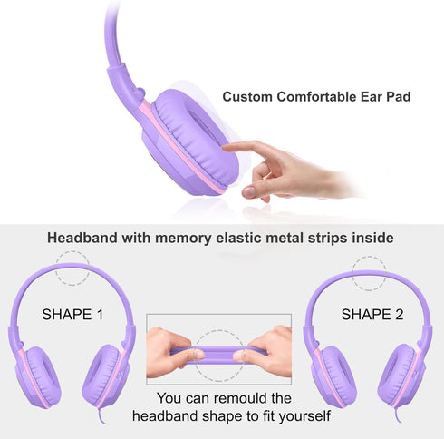 SIMOLIO Wired Headphones for Kids, Girls School Headphone with Microphone, Safe Volume Limiter, Foldable Adjustable