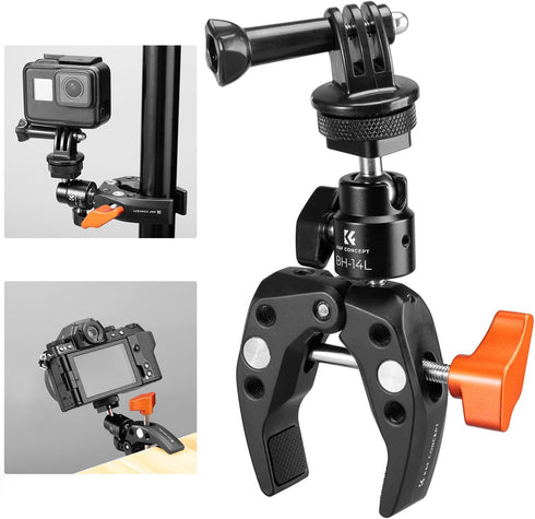 K&F Concept Super Clamp Camera Clamp with 360° Ballhead for GoPro/AKASO/Insta360 Action Cameras