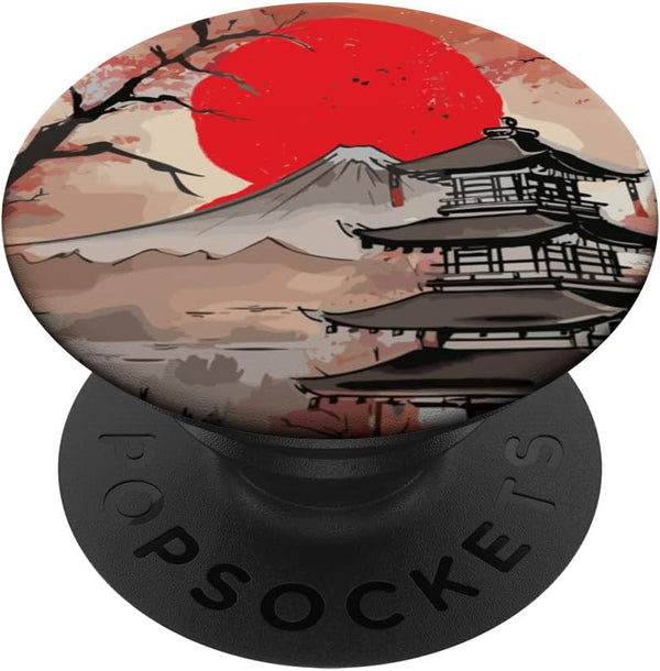 Vintage Japanese Mountain Landscape Temple Full Red Moon PopSockets Standard PopGrip